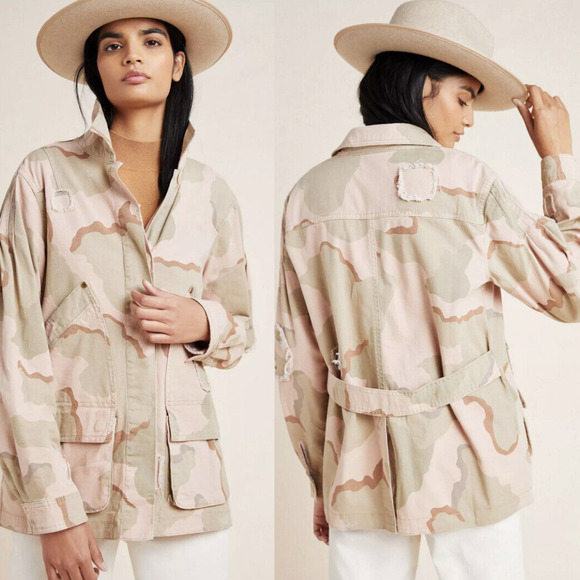Anthropologie Jackets & Blazers - NEW Anthropologie Lida Pink & Tan Camo Distressed Utility Anorak Jacket Size XS